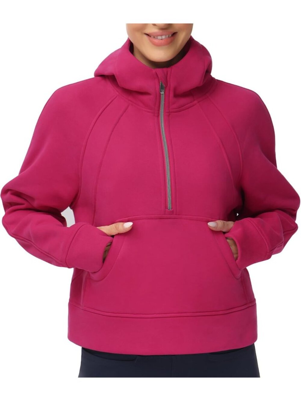 Women's Pitaya Red Fleece Lined Half Zip Thumb Hole Cropped Pullover Sweatshirt
